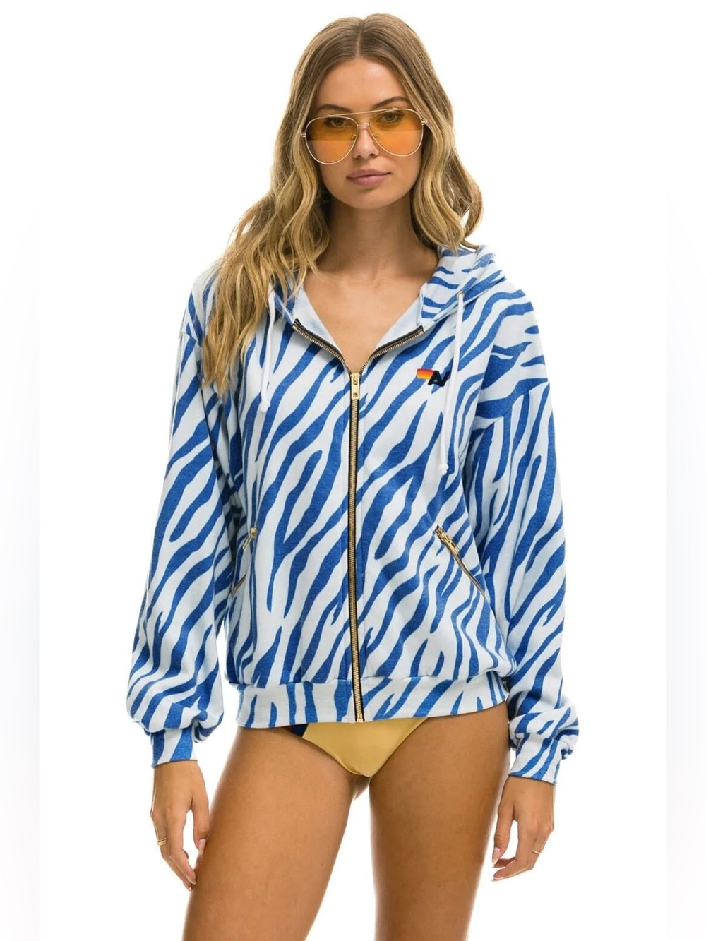 Aviator Nation Tiger Relaxed Zip Hoodie with Pockets Blue Tiger Size XXL